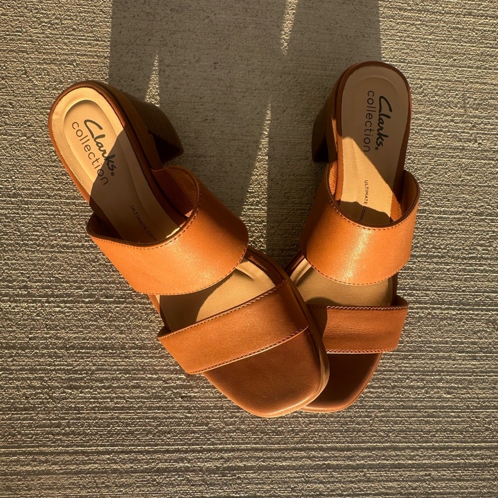 Clarks Tan Leather Slide Mules
